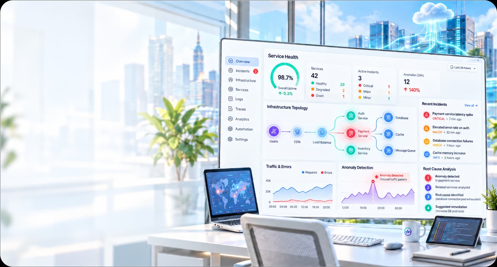 PulseOps AI service health dashboard with infrastructure topology, anomaly detection and incident analysis