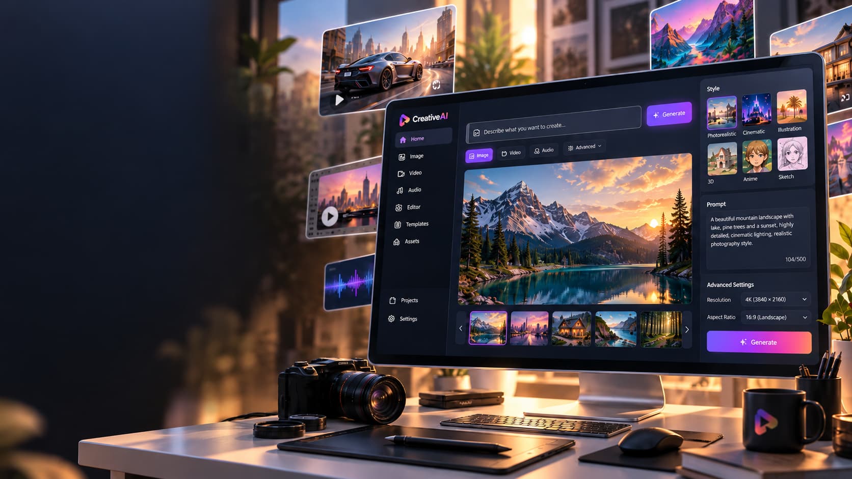 CreativeAI media generation workspace producing images, video and audio from prompts