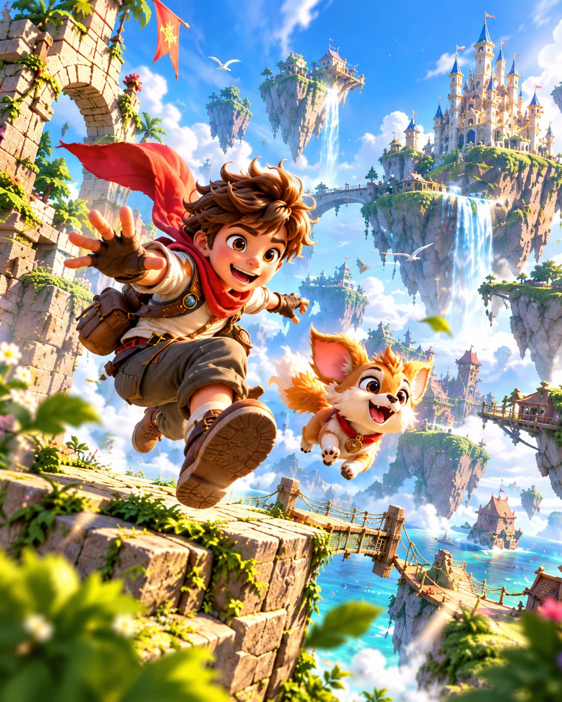 Young fantasy adventurer and companion running through a colorful floating-island world