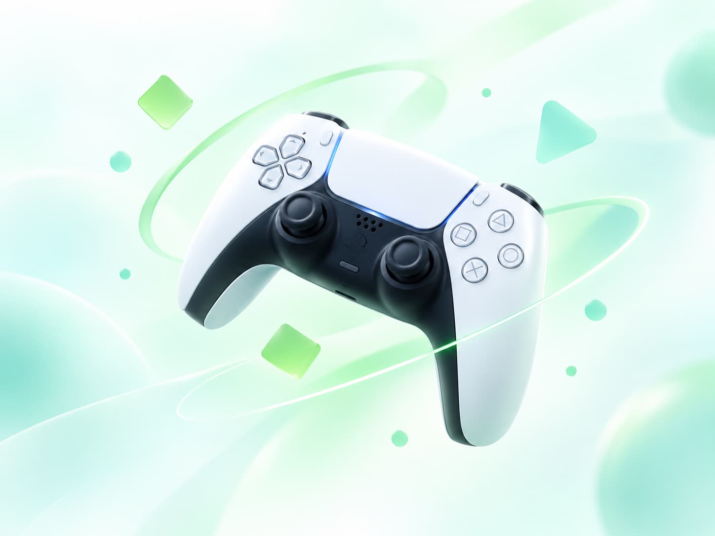 Modern console controller surrounded by green orbital shapes