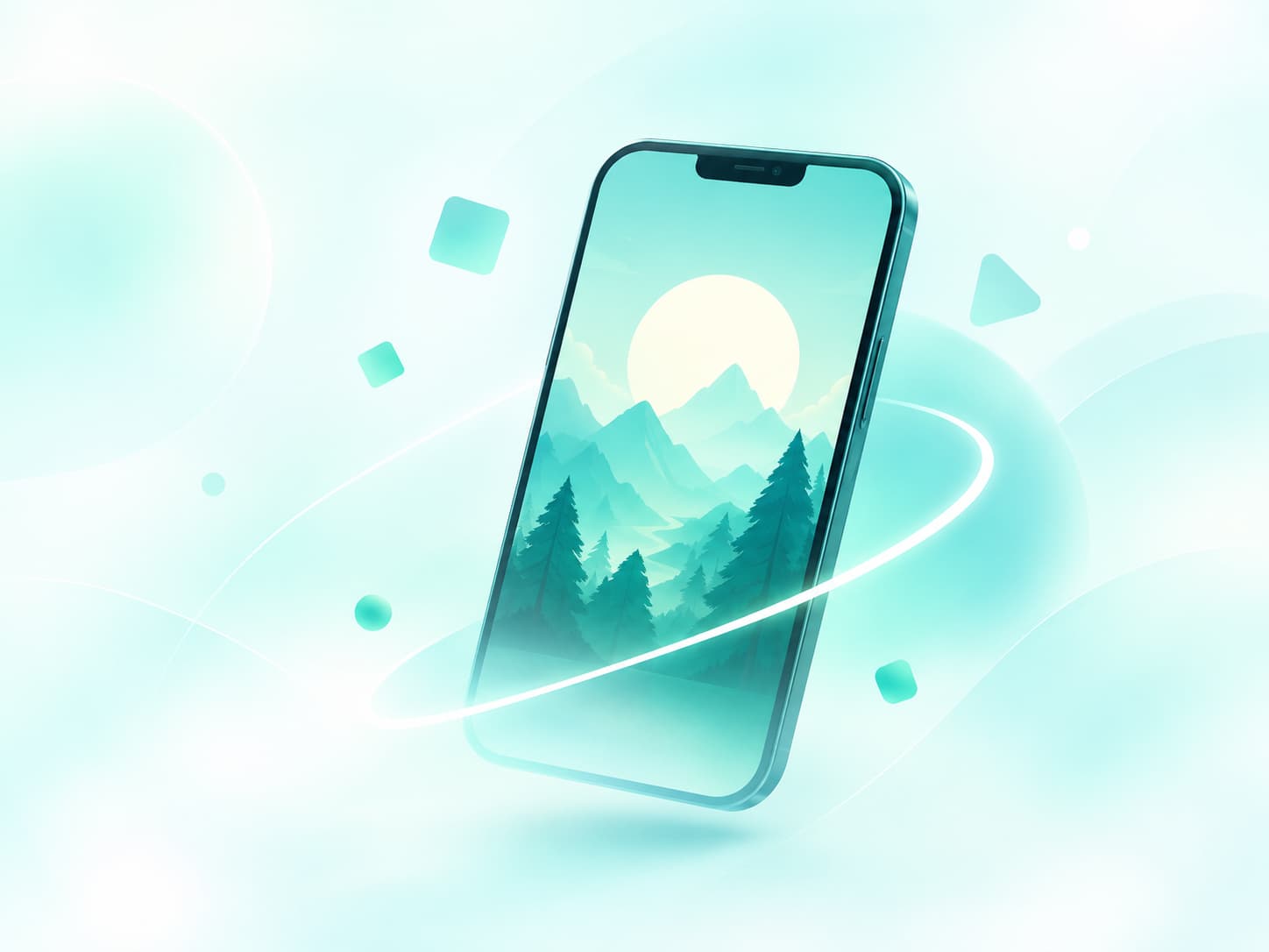 Mobile phone displaying a stylized game world with floating shapes