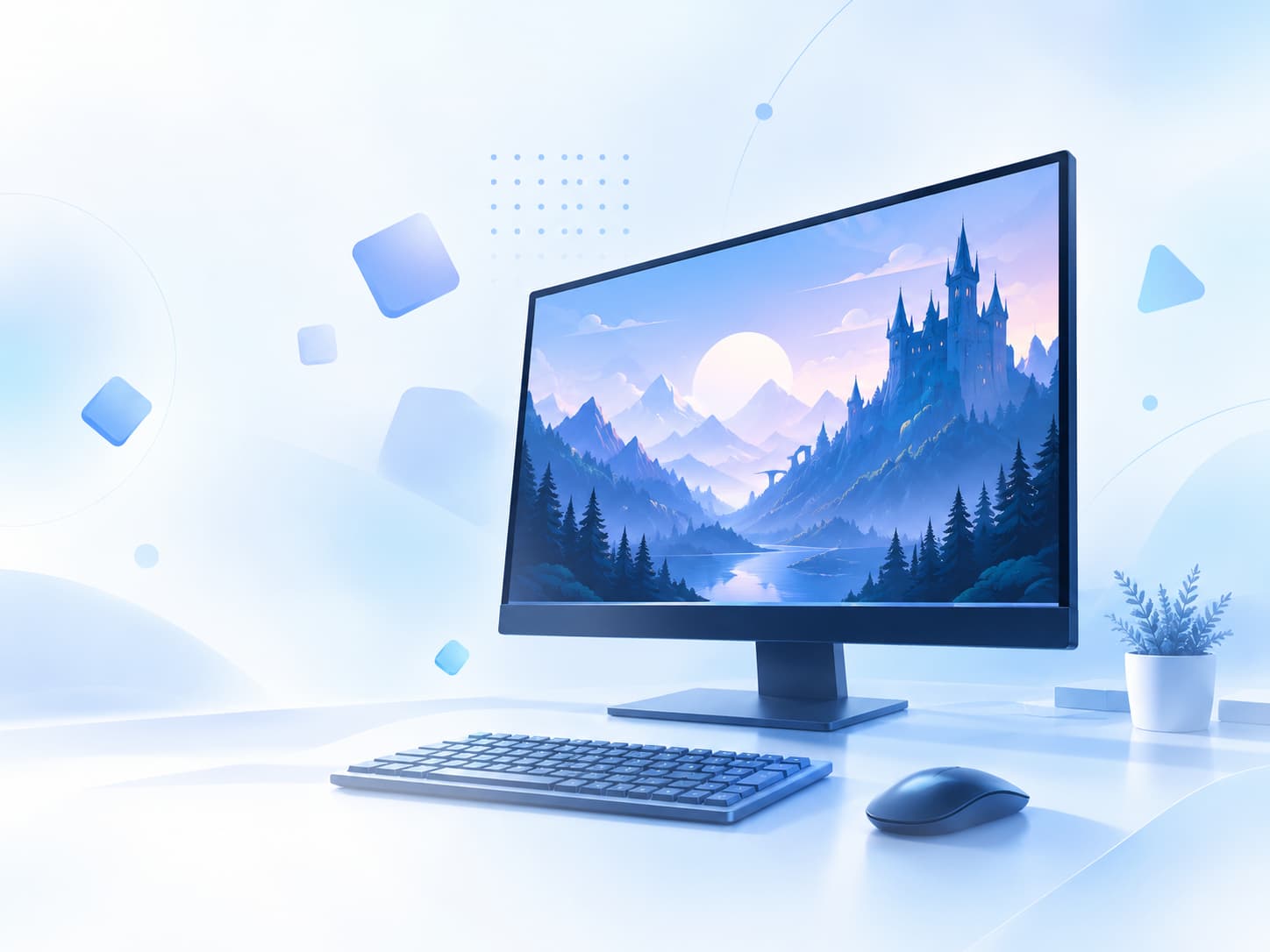 Desktop gaming monitor displaying a fantasy landscape