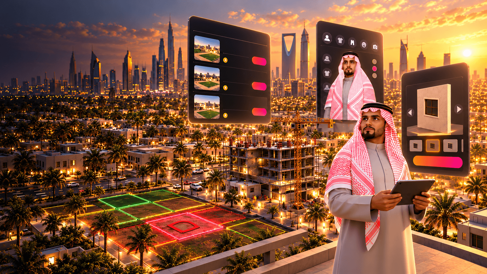 A Saudi real-estate game world with city plots, construction, character customization and property interface panels