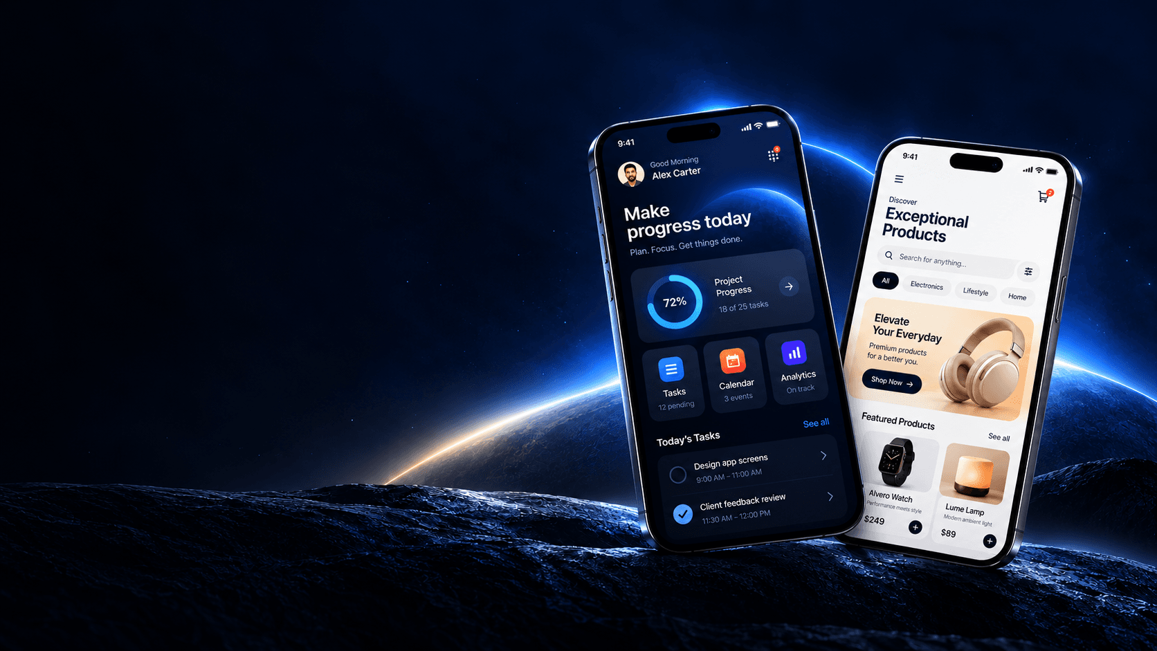 Two smartphones displaying productivity and shopping apps above a blue-lit planet horizon