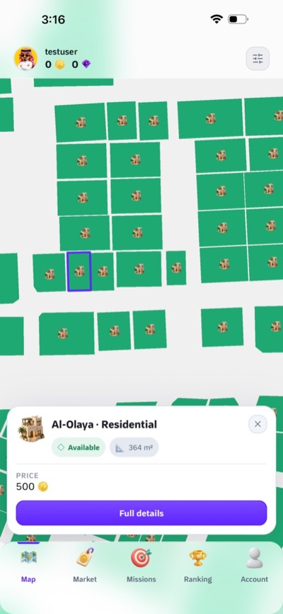 خريطة الحيّ بالإنجليزية: قطع خضراء، وإحداها محدّدة تظهر مساحتها وسعرها في أسفل الشاشة.
