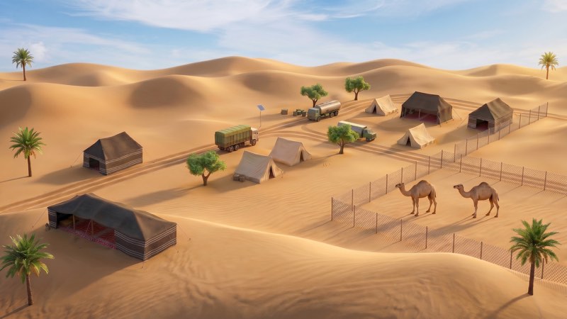 مخيّم إبل في الصحراء من الأعلى: بيوت شَعر سوداء، وشاحنات، وبعيران في حظيرة، وكثبان تمتدّ إلى الأفق.